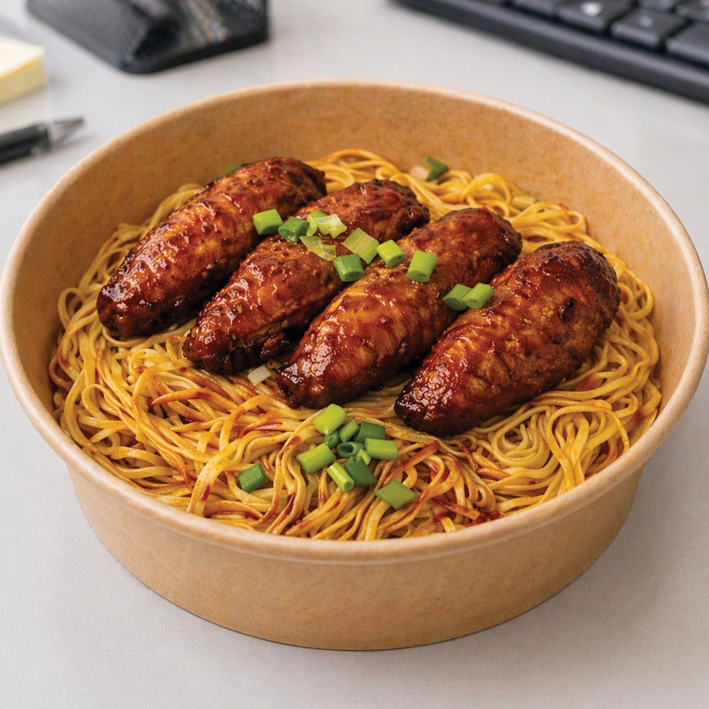 Lo mein with braised chicken wings